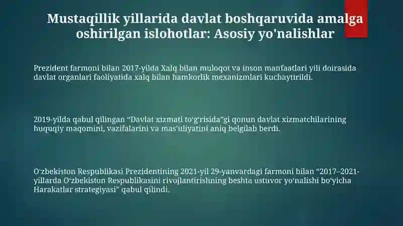 Mustaqillik yillarida davlat boshqaruv tizimida amalga oshirilgan islohotlar 3