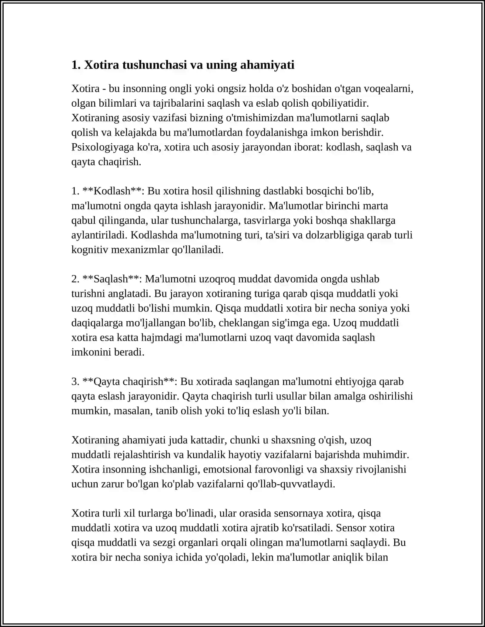 SHAXSNING PSIXIK BILISH JARAYONLARI: XOTIRA VA UNING TURLARI. DIQQATNING FIZIOLOGIK ASOSLARI 3