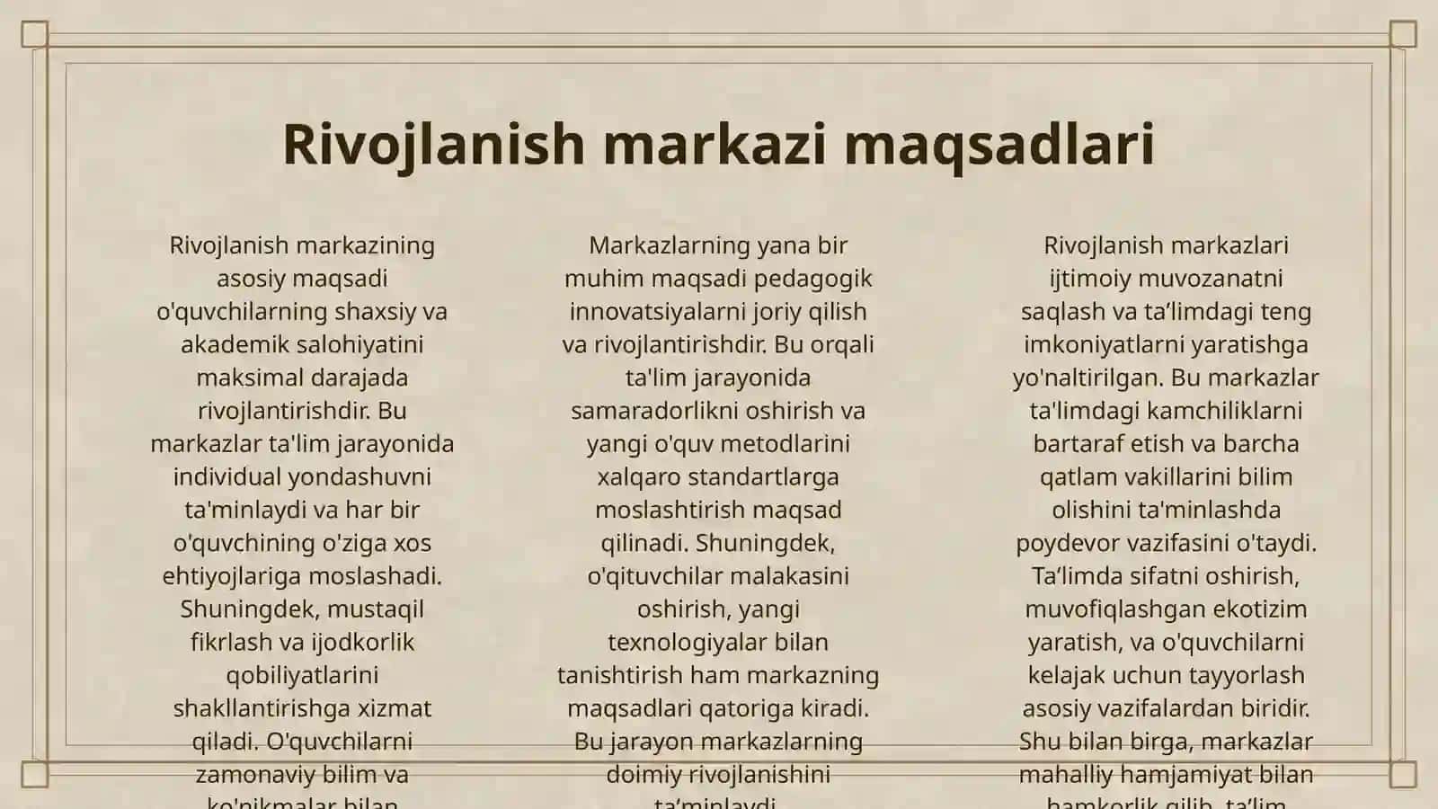RIVOJLANISH MARKAZLARIDA TAʼLIM FAOLIYATI VA ULARGA QOʻYILADIGAN TALABLAR 3