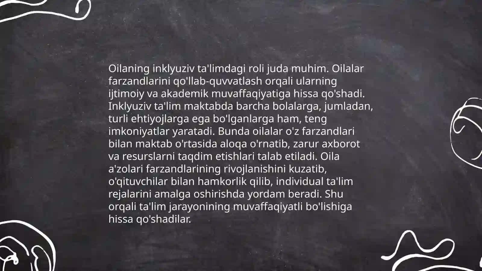 Alohida yordamga muhtoj bolani umumtaʼlim maktabi yoki maktabgacha tashkilotda inklyuziv taʼlim sharoitida oʻqishga moslashishiga oila va maktabning oʻrni 3