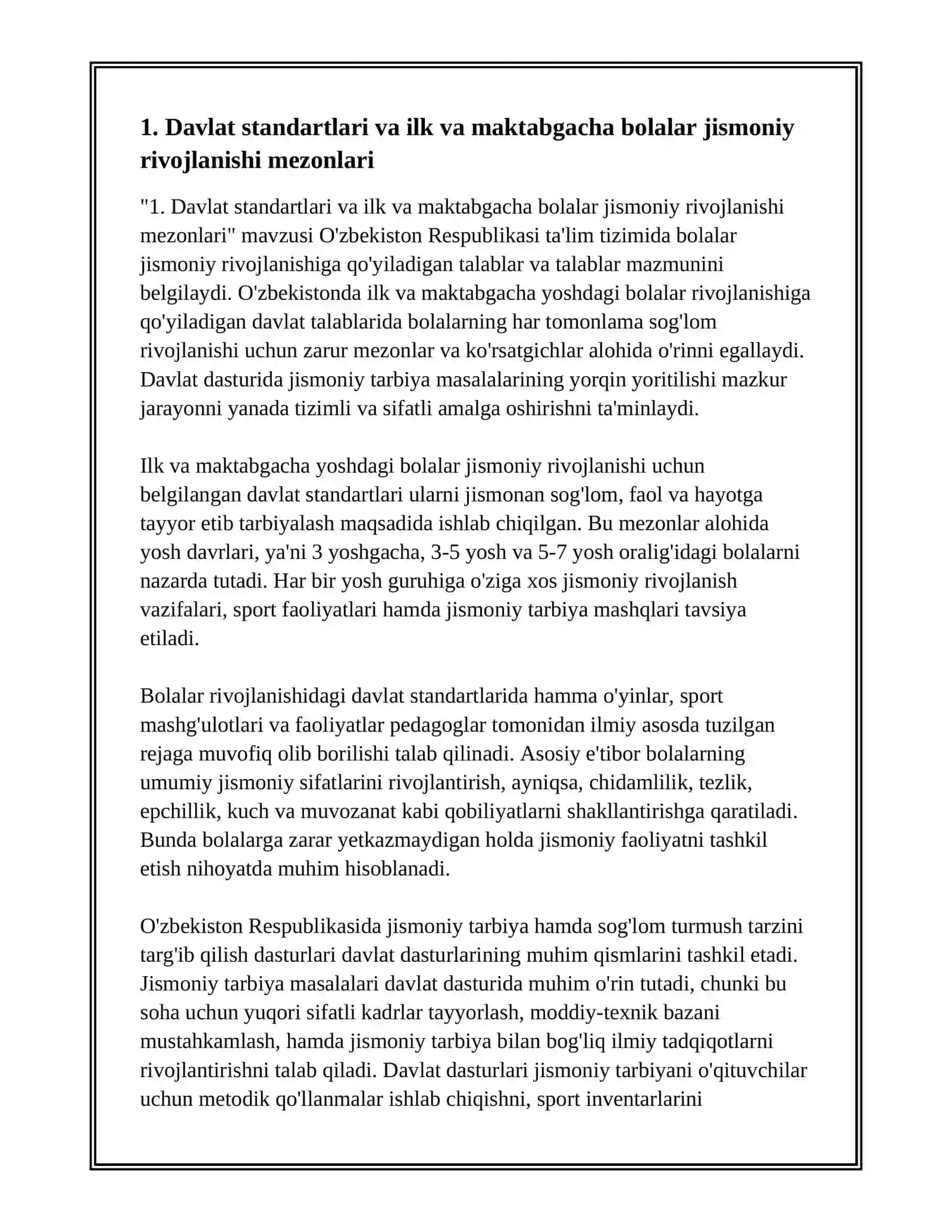 ILK VA MAKTABGACHA BOLALAR RIVOJLANISHIGA QO'YILADIGAN DAVLAT TALABLARI VA DAVLAT DASTURIDA JISMONIY TARBIYA MASALALARINING YORITILISHI 3