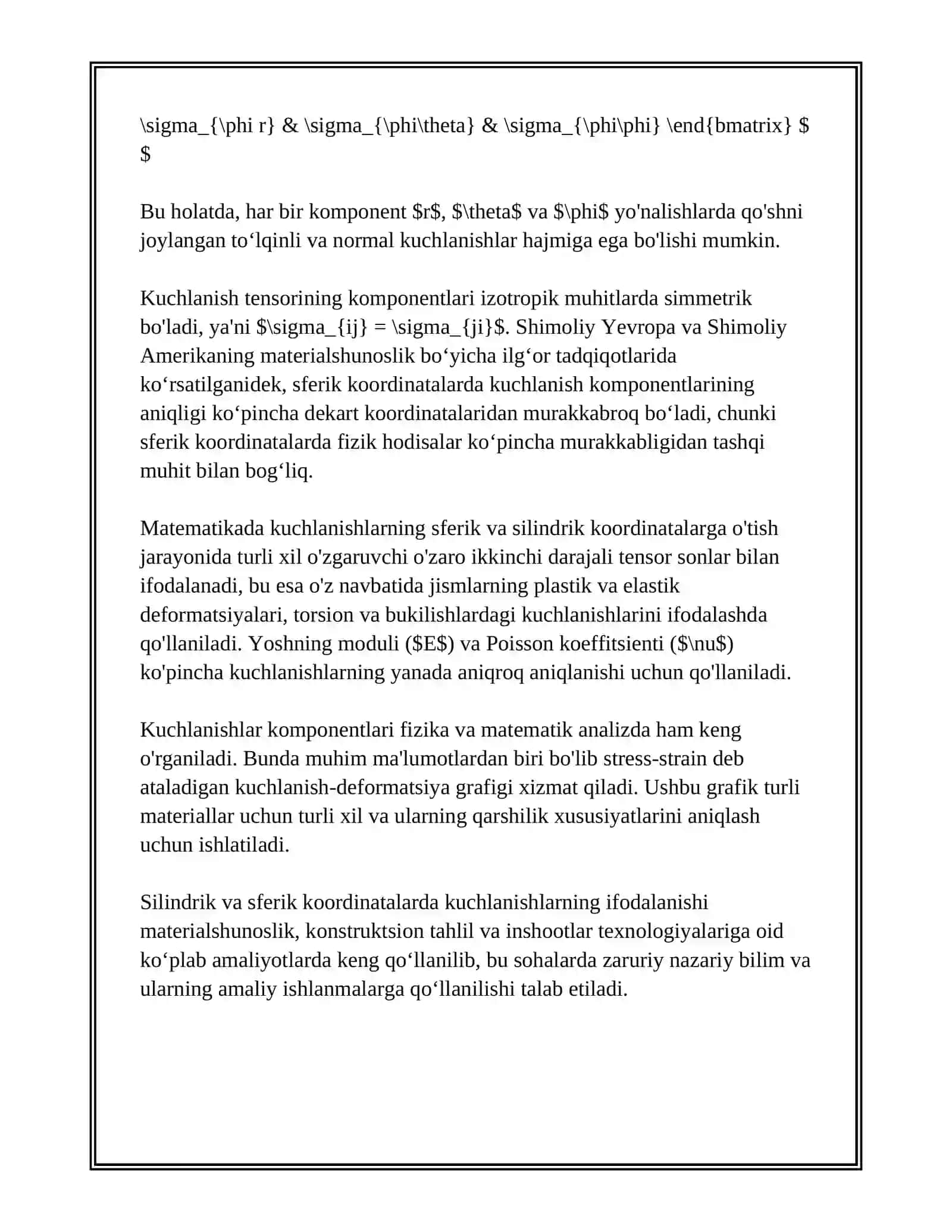 KUCHLANISH TENZORI KOMPONENTLARINI SILINDRIK VA SFERIK KOORDINATALARDA YOZILISHI 3
