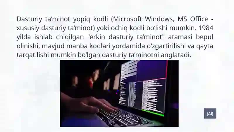 Ochiq kodli dasturiy ta'minotning afzalliklar va xalqaro loyihalar misolida tahlil qiling. 3
