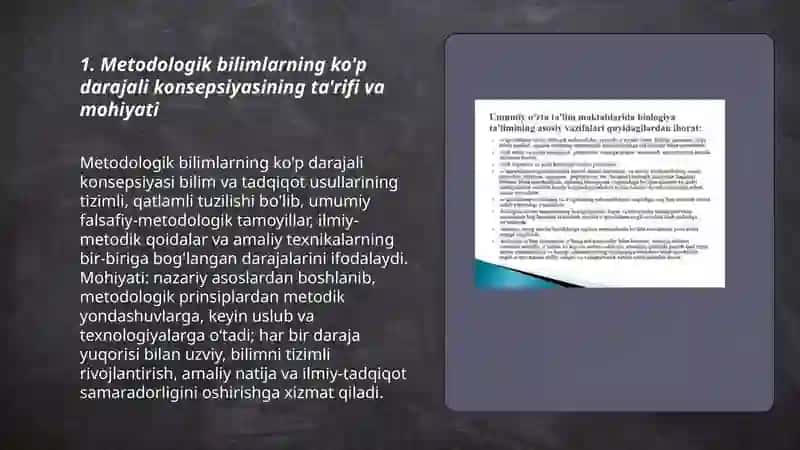 Metodologik bilimlarning kop darajali konsepsiyasi nimalardan iborat 3