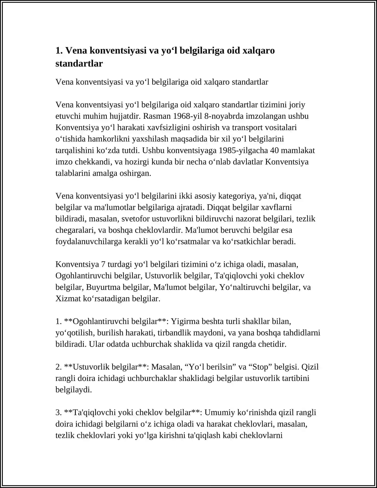 YO'L BELGILARI VA SIGNALLARNING XALQARO STANDARTLARI AMALIY MISOLLARDA ANIQLASH VA TASNIFLASH 3