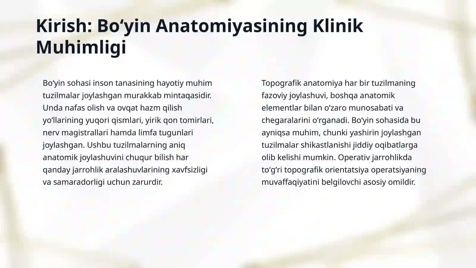 Boʻyin sohasining topografik anatomiyasi va operativ xirurgiyasi. Boʻyin sohasining flegmona va abseslari: joylashishi va operativ oʻchir hamda drenajlash usullari 3