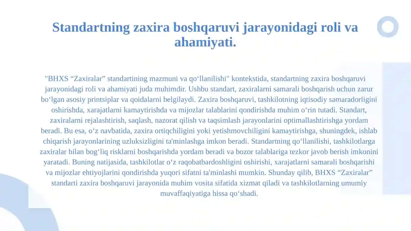 BHXS “Zaxiralar” standartining mazmuni va qo‘llanilishi. 3