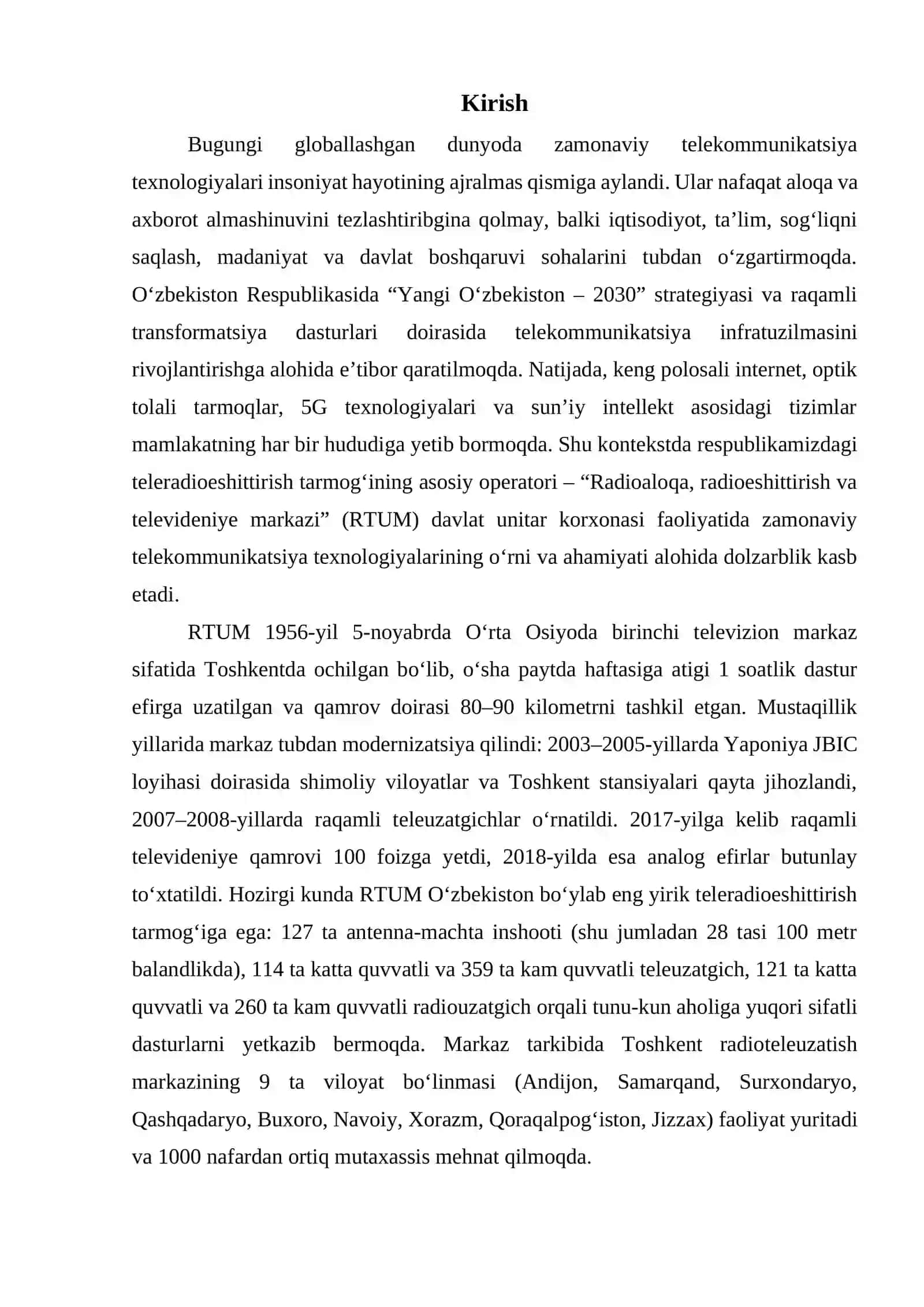 RTUM faoliyatida zamonaviy telekommunikatsiya texnologiyalarining ahamiyati Akademik yozuv 1 fanidan qayta o’qish uchun referat 3
