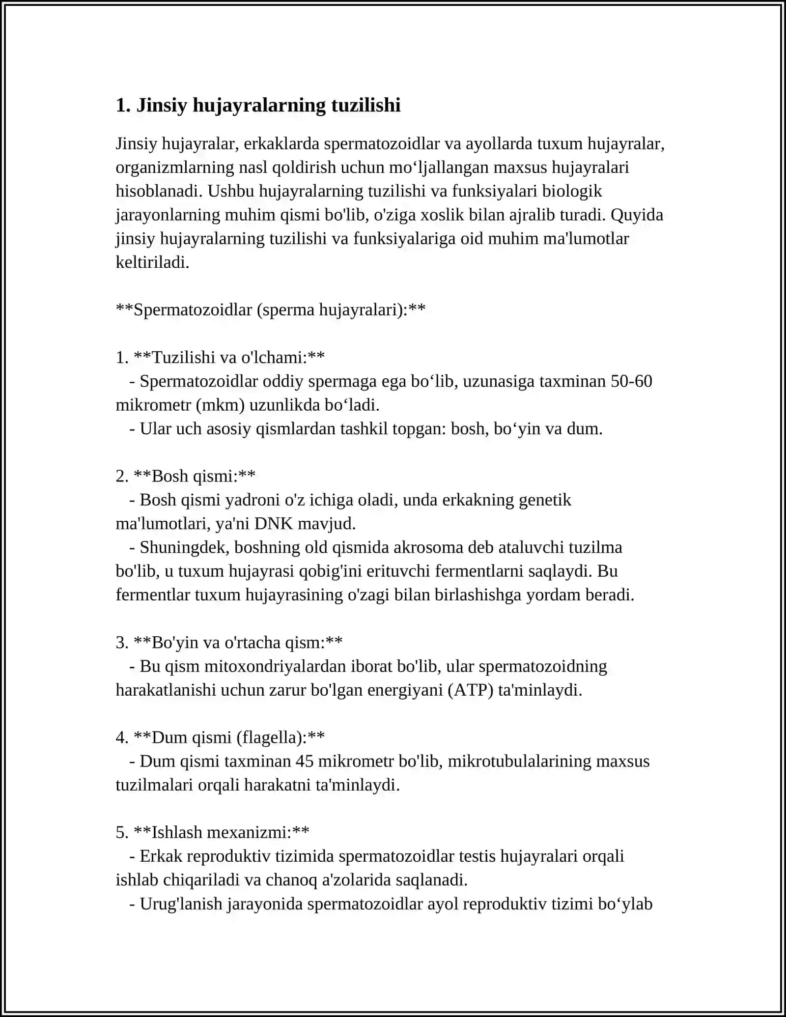 JINSIY HUJAYRALARNING TUZILISHI VA KELIB CHIQISHI. GAMETALAR, OOTSIT, SPERMATOZOID 3