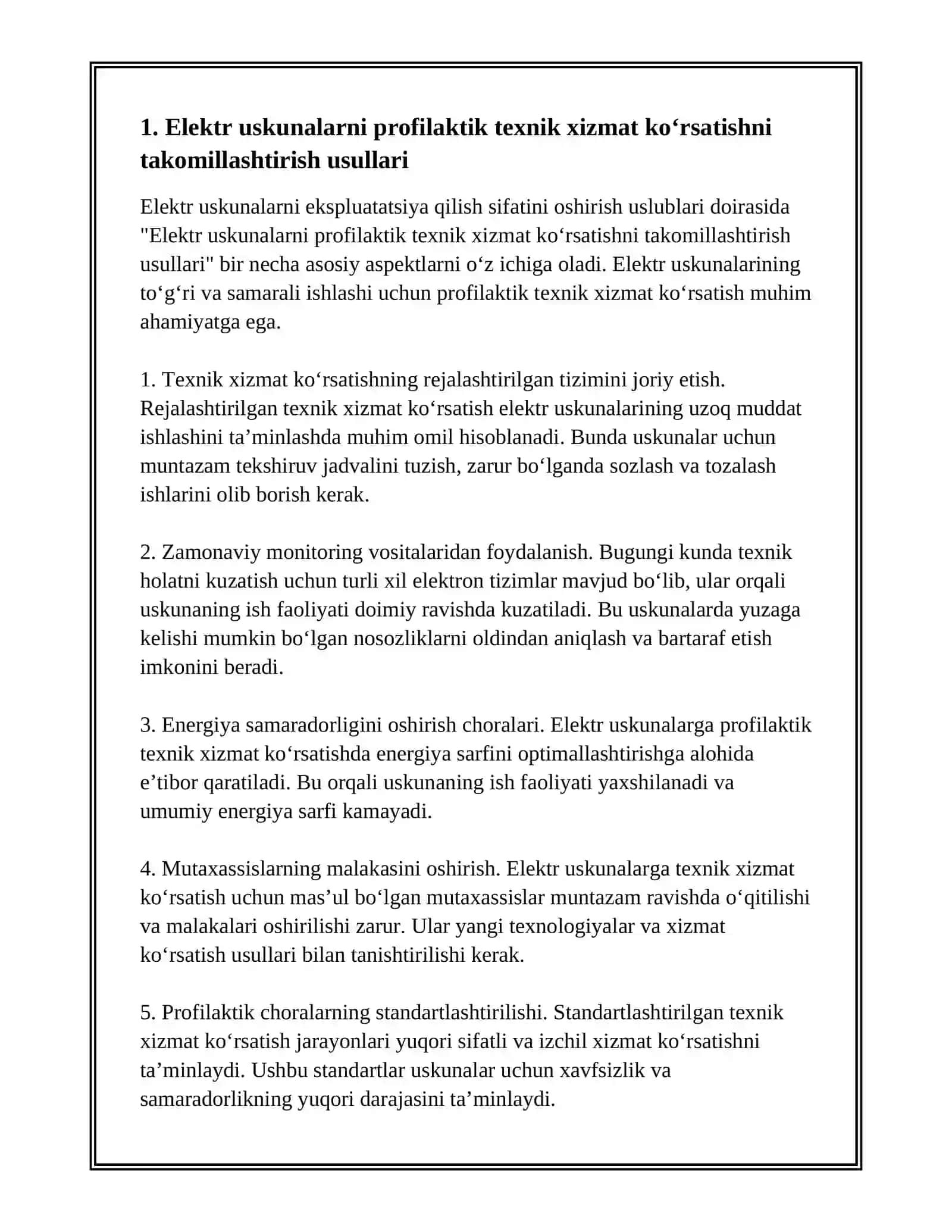 ELEKTR USKUNALARNI EKSPLUTATSIYA QILISH SIFATINI OSHIRISH USLUBLARI 3