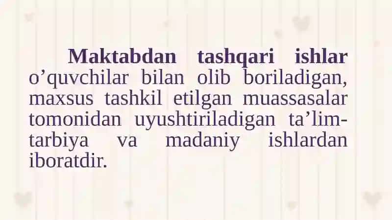 Sinfdan va maktabdan tashqarifa o'liyat 3