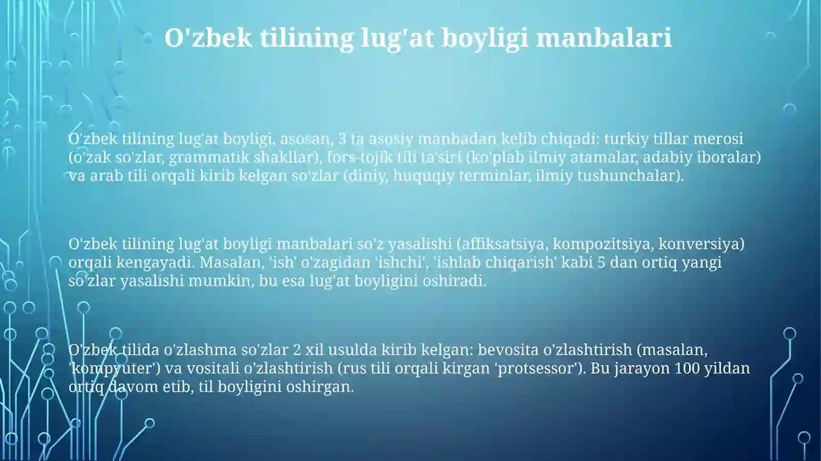 O'zbek tilining lug'at boyligi manbalari va so'z tasnifi 3