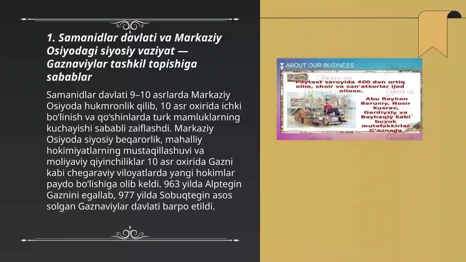 Gaznaviylar davlatini tashkil topishi.Alptegin va Sobuqtegin 3