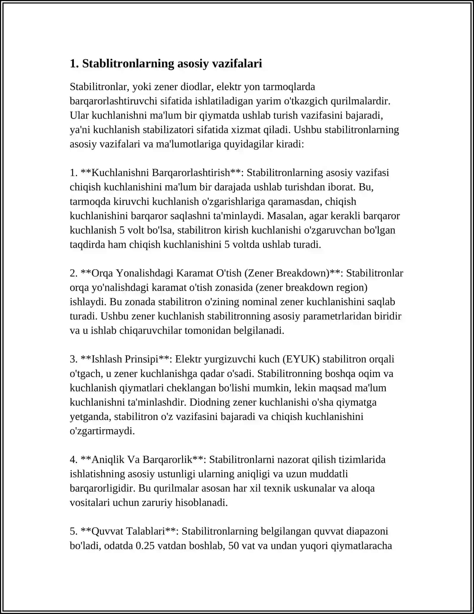 STABILITRONLAR, HIMOYA VA CHEKLOVCHI DIODLAR 3