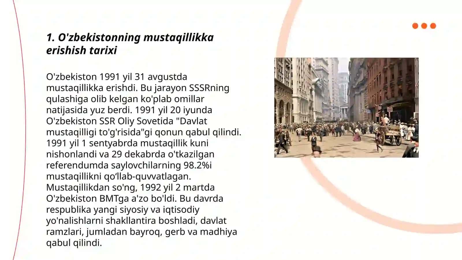 O'zbekistonda davlat mustaqilligining qo'lga kiritilishi, xuquqiy demokratik davlat va fuqarolik jamiyati asoslarining barpo etilishi Raximjonova Bonugul 3