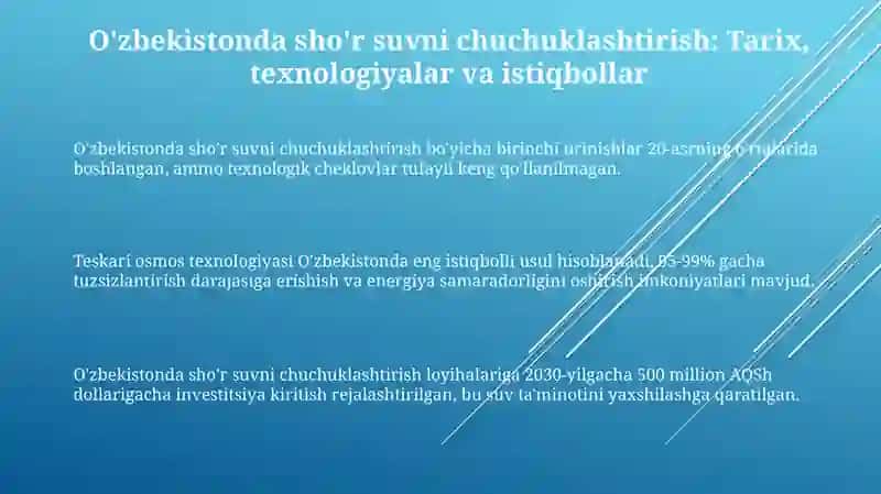 O'zbekistonda sho'r suvni chuchuklashtirish: Texnologiyalar, manbalar va istiqbollar 3