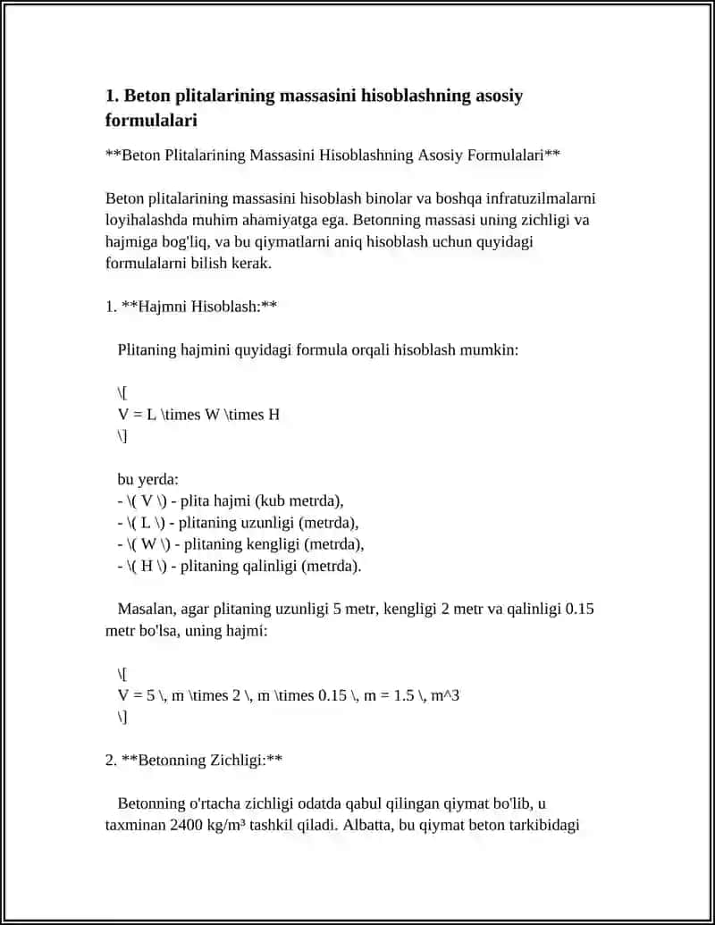 Beton Plitalarining Massasini Hisoblashning Asosiy Formulalari 3