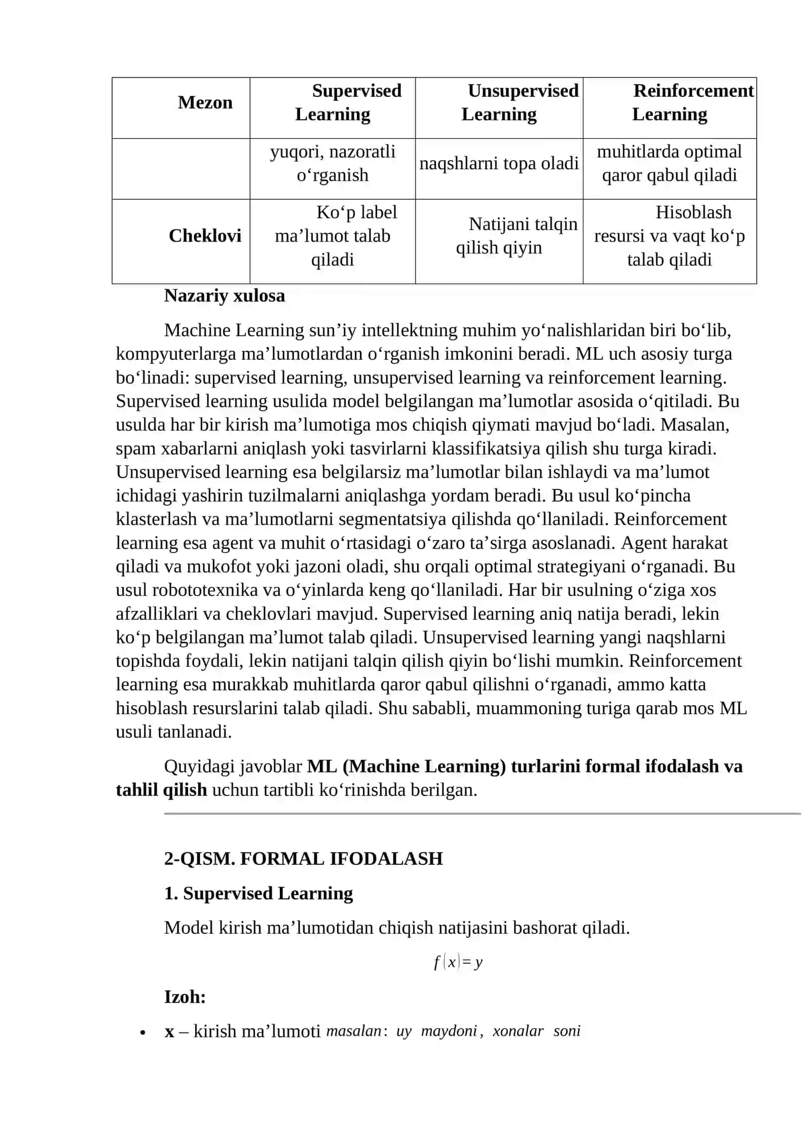 Mashinali o‘qitish turlari va ularning qo‘llanilish sohasi 3