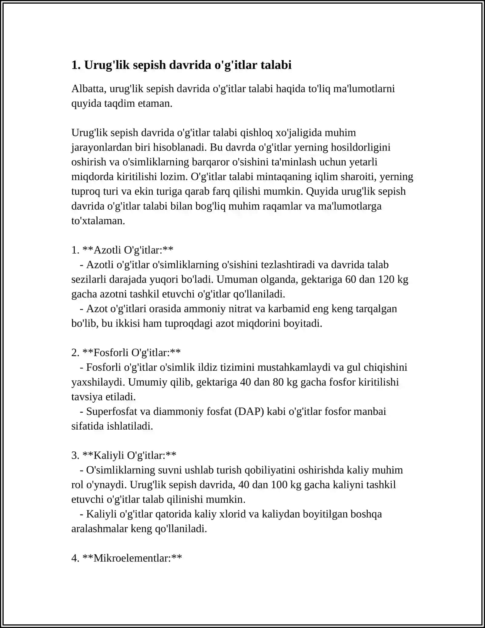 G'O'ZA O'SIMLIGINI VEGETATSIYA DAVRLARI USHBU DAVRLARDA MINERAL O'ĞITLARGA TALABI 3