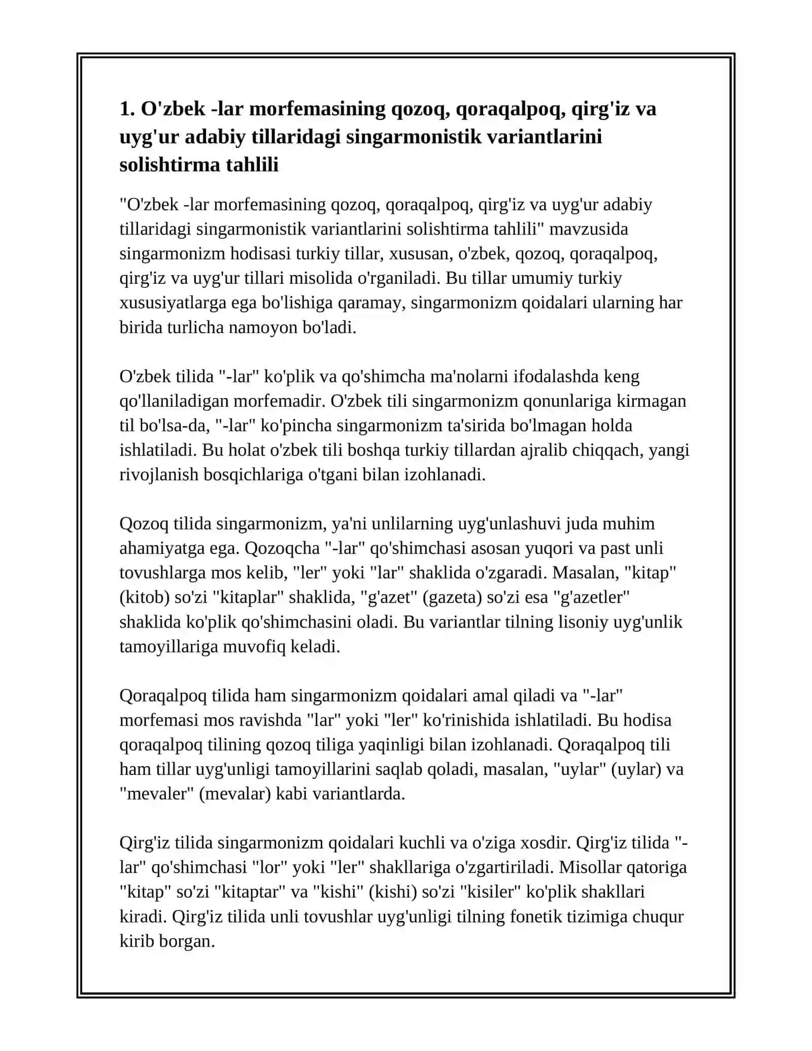 O'ZBEK ADABIY TILIDA -LAR MORFEMASINING QOZOQ, QORAQALPOQ, QIRG'IZ, UYG'UR ADABIY TILLARIDA MUVOFIQLARI VA SINGARMONISTIK VARIANTLARI 3