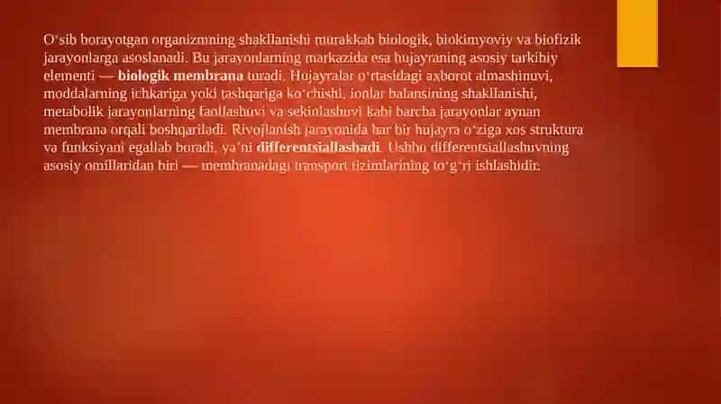 O'sib rivojlanayotgan organizm azolarini to'liq defferentsiallashishida membranadagi ko'chish va transport jarayonlarini ahamiyati va xuxusiyatlari. (AL-Farobiy nomidagi Qozog'iston milliy universiteti 230). 3