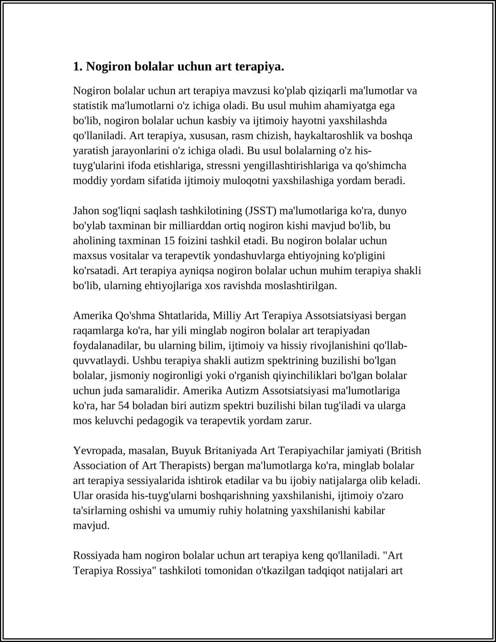 MUSTAQIL ISH Mavzu: NOGIRON BOLALAR BILAN ART PEDAGOGIK ISHNING XUSUSIYATLARI 3