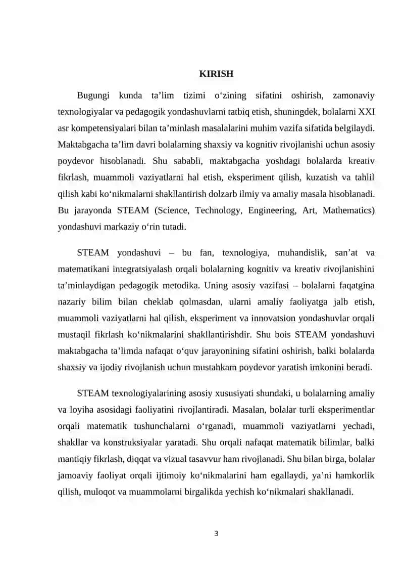 MAKTABGACHA TA'LIMDA STEAM YONDASHUVINI JORIY ETISH BO'YICHA LOYIHA 3
