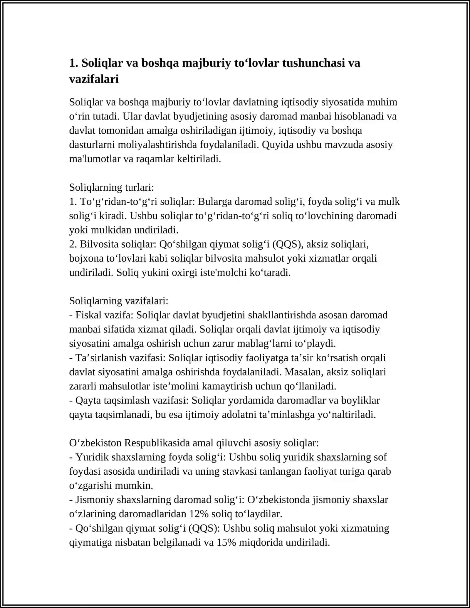 SOLIQLAR VA BOSHQA MAJBURIY TOʻLOVLAR TIZIMI. UNING OʻZIGA XOS XUSUSIYATLARI 3