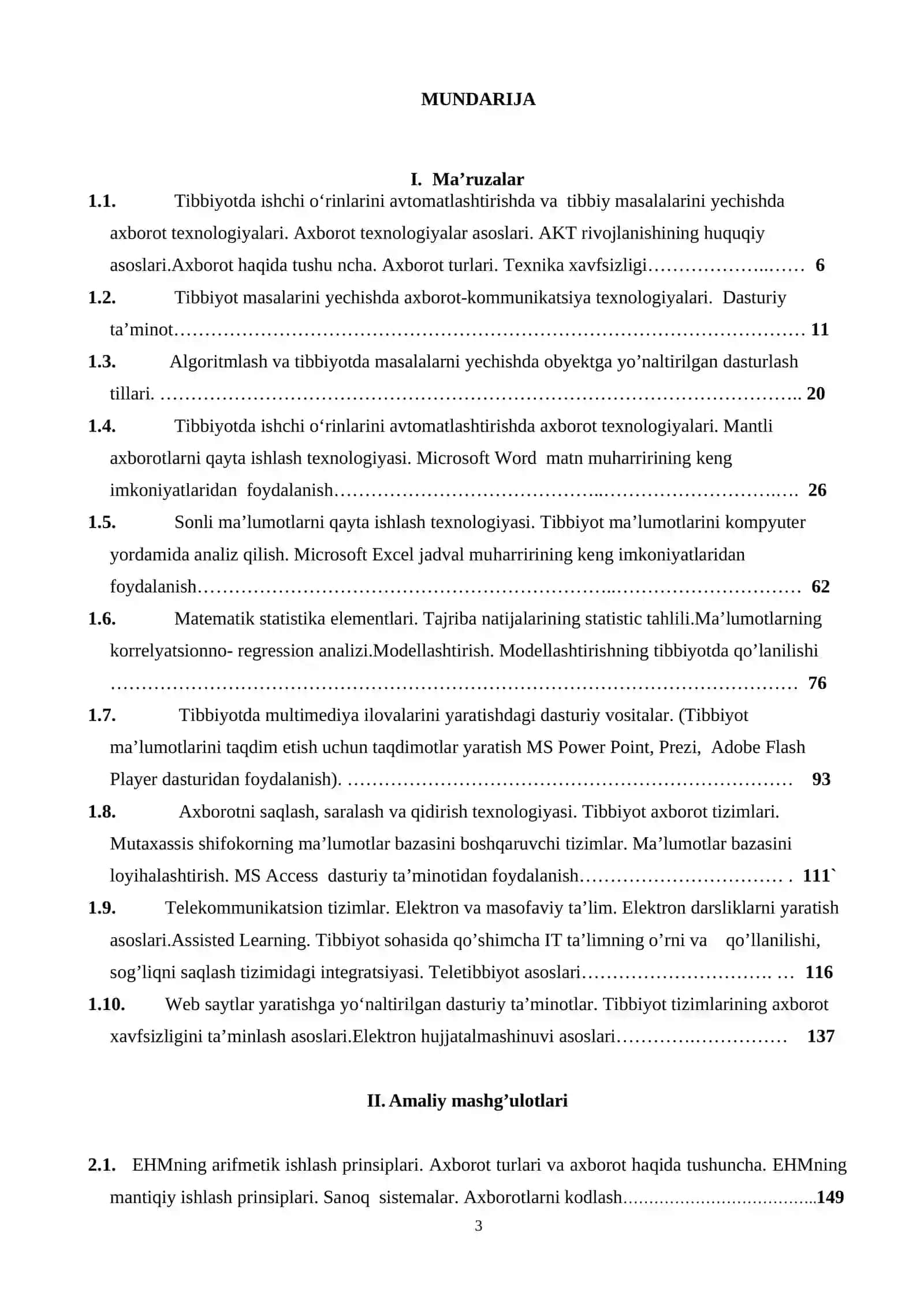 TIBBIYOTDA AXBOROT TEXNOLOGIYALARI FANIDAN O’QUV- USLUBIY MAJMUA 3