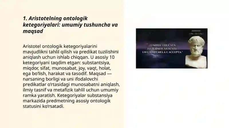 Aristotel, Farobiy vaKant ontologiyasida ketegoriyalarning tasnifi 3