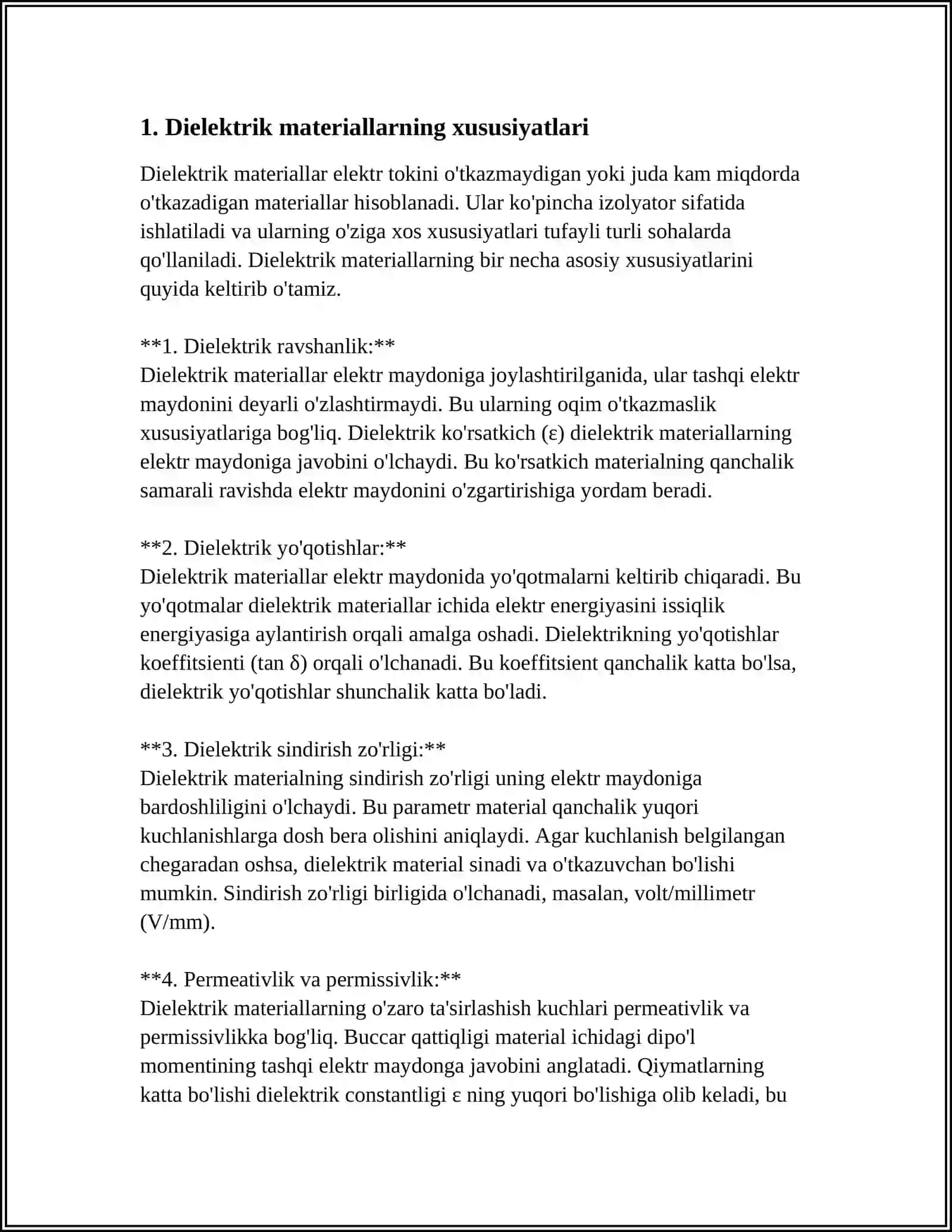 RADIOELEKTRONIKA SOHASIDA QO‘LLANILADIGAN ASOSIY DIELEKTRIK MATERIALLAR. ELEKTRONIKADA TAGLIK SIFATIDA QO‘LLANILADIGAN DIELEKTRIK MATERIALLAR. DIELEKTRIK MATERIALLARGA QO‘YILADIGAN TALABLAR 3