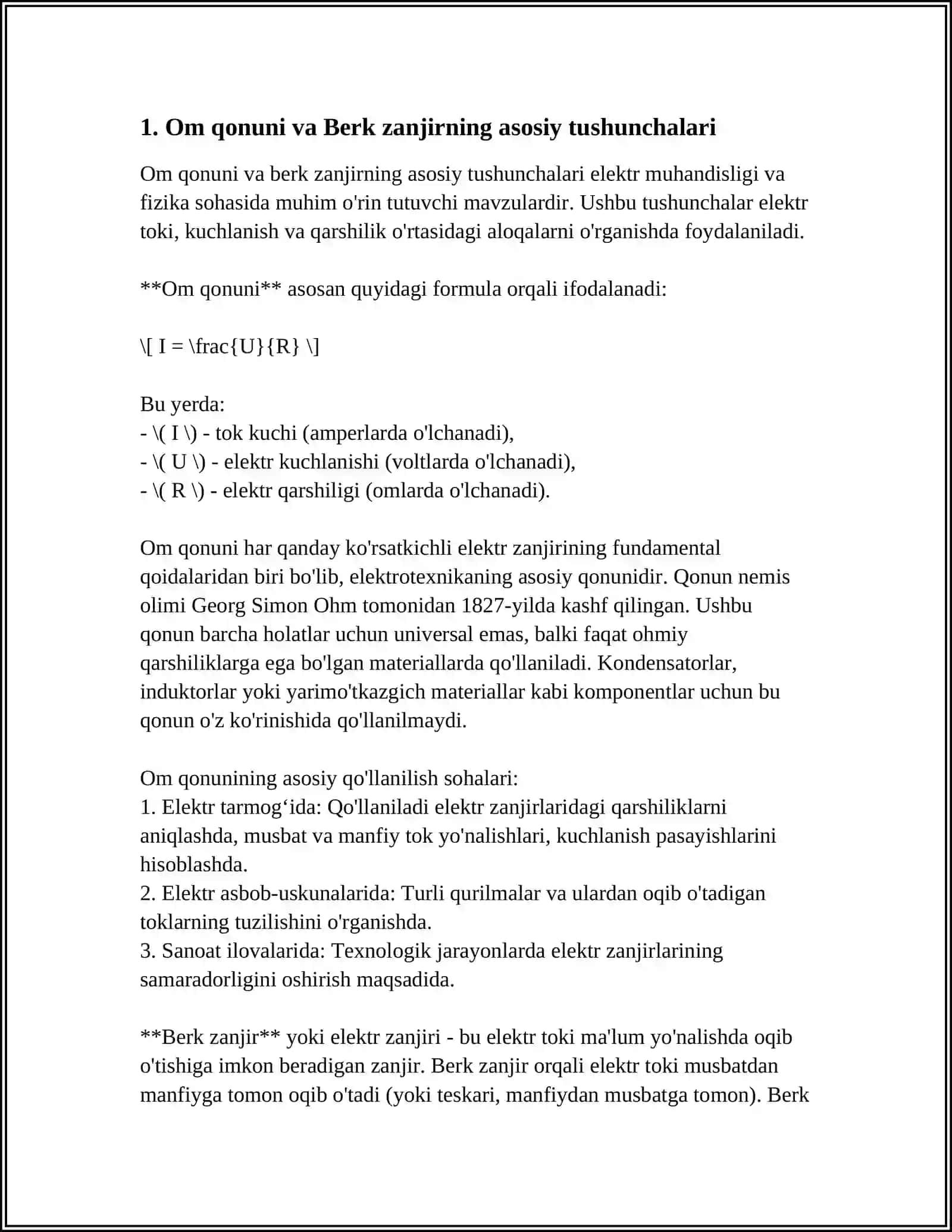 BERK ZANJIR UCHUN OM QONUNI 3