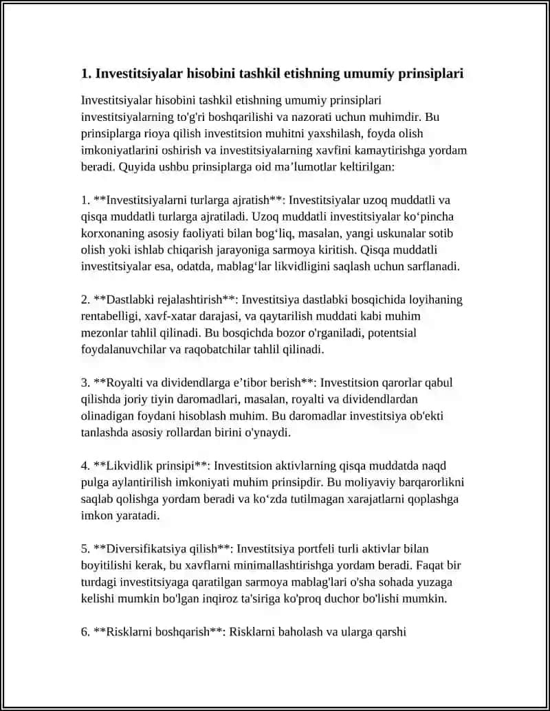 INVESTITSIYALAR HISOBINI TASHKIL QILISH. INVESTITSIYALARNI TURKUMLASH 3
