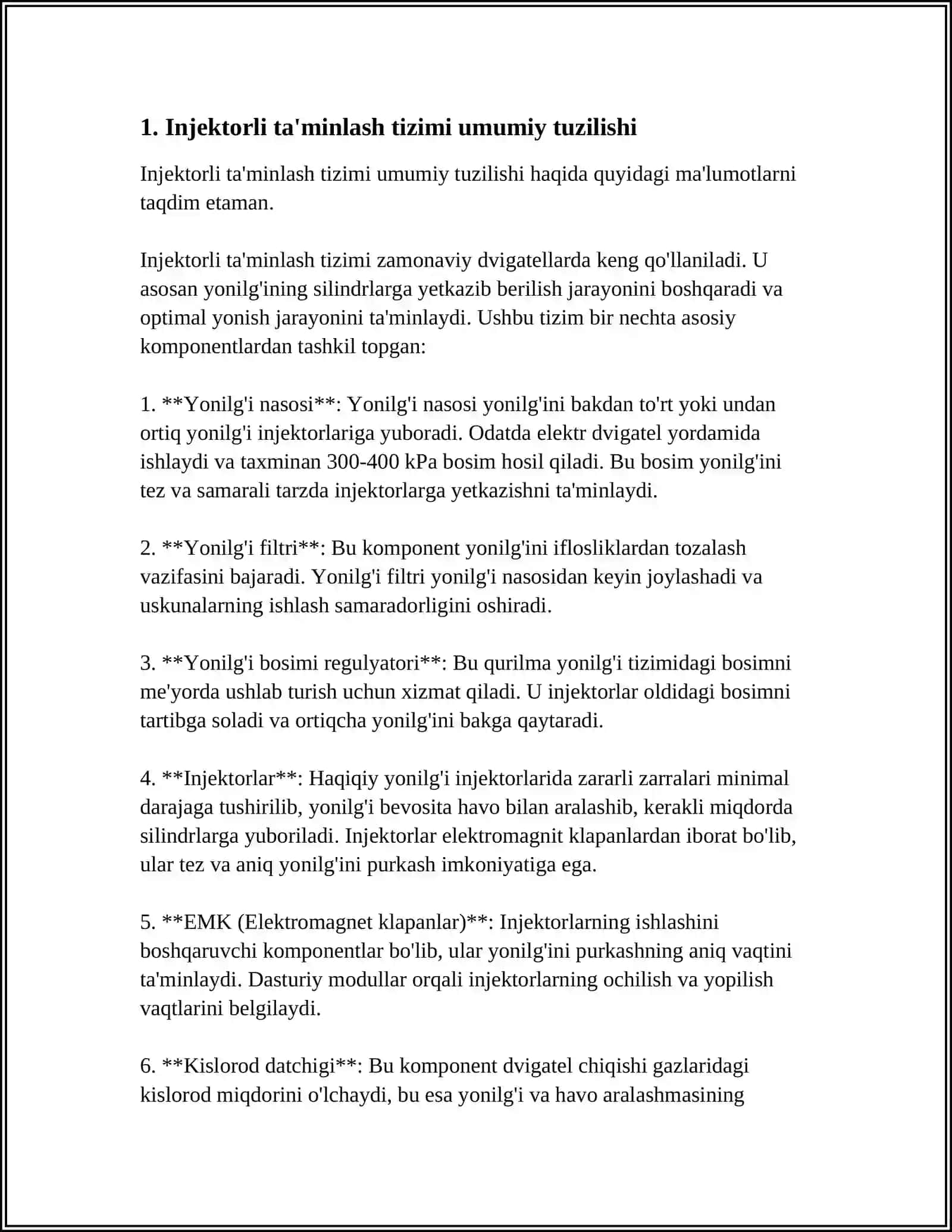 INJEKTORLI TAMINLASH TIZIMINING TUZILISHI ISHLASHI 3