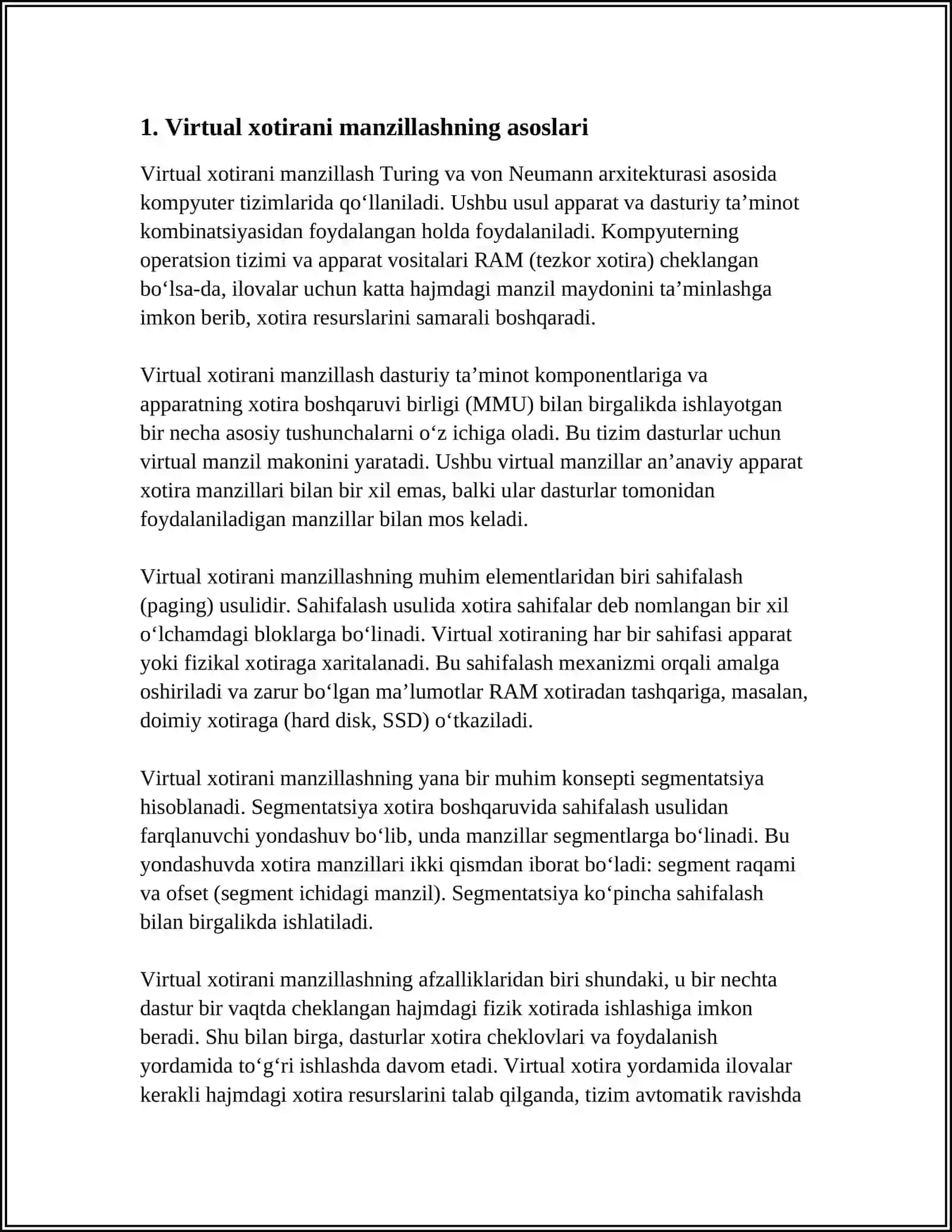 MUSTAQIL ISH Mavzu: VIRTUAL XOTIRANI MANZILLASHNI ISHLAB CIQARISH 3