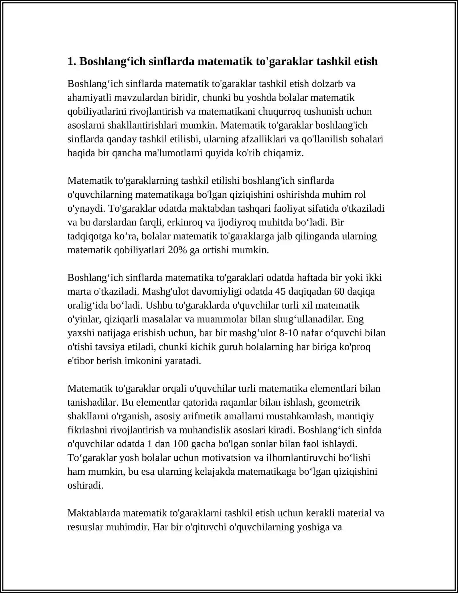 BOSHLANGʻICH SINFLARDA MATEMATIKADAN SINFDAN TASHQARI ISHLARNI TASHKIL ETISHNING MAZMUNI 3