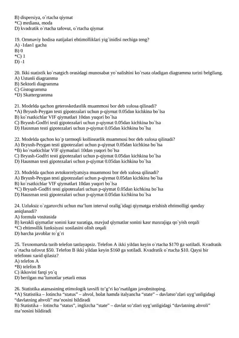 Ekonometrikaga kirish fanidan test 3