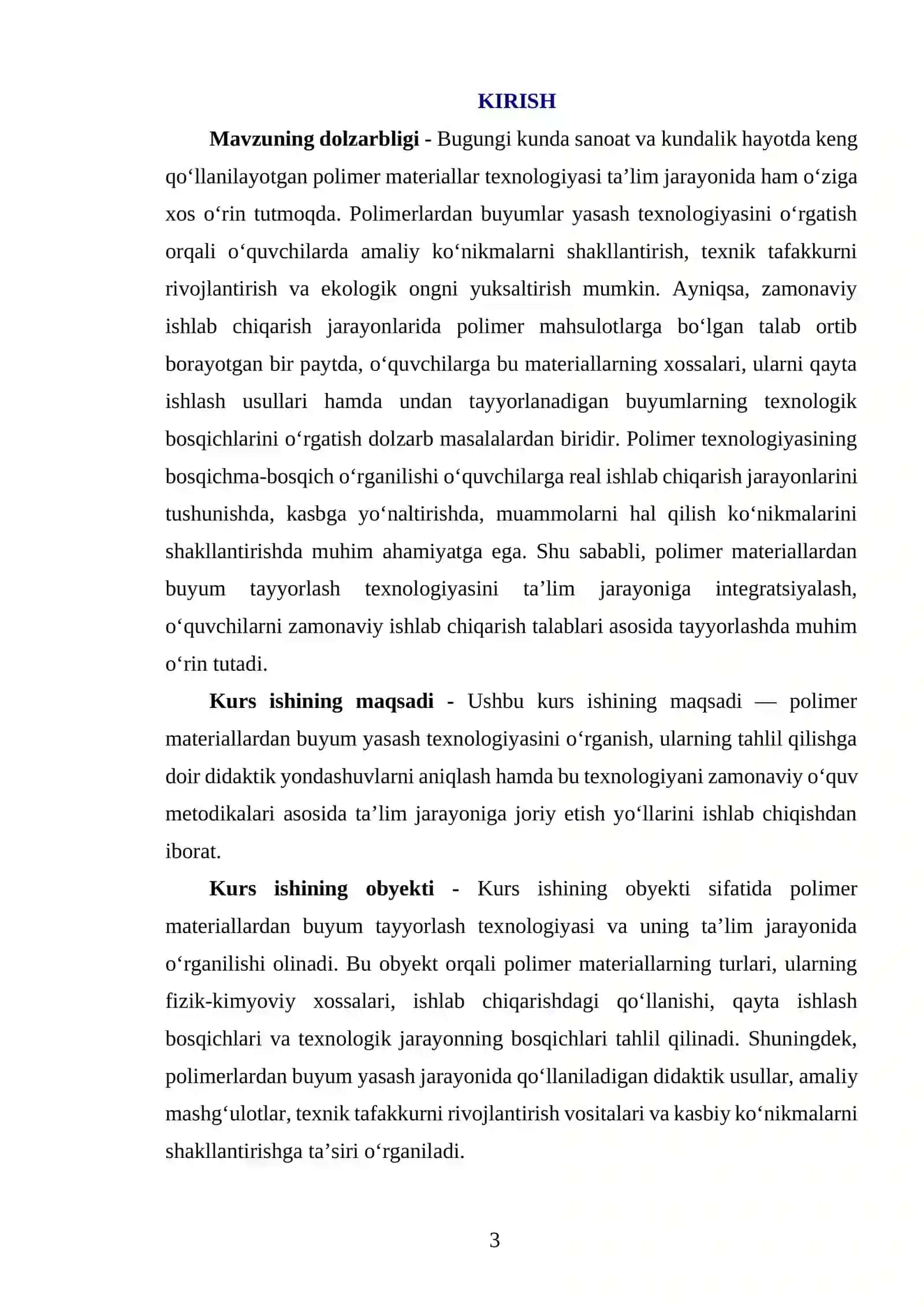 “POLIMER MATERIALLARDAN BUYUM YASASH TEXNOLOGIYASI” MAVZUSIDAGI KURS ISHI 3