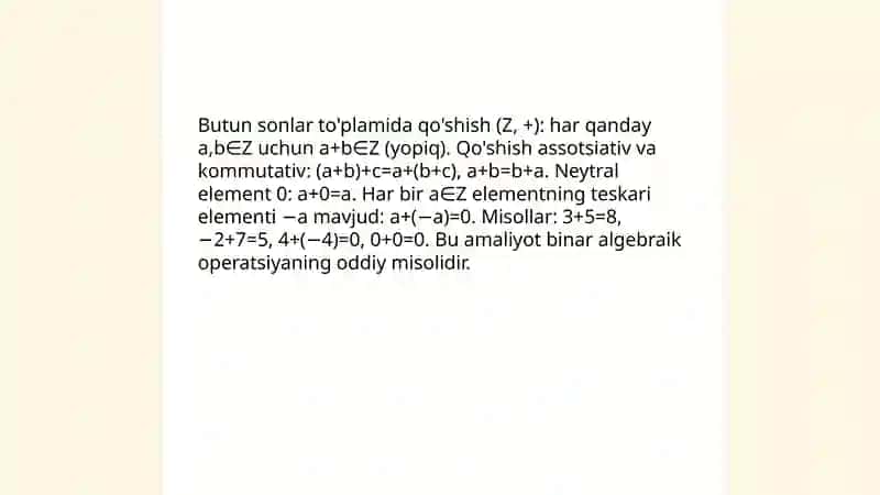 Binar algebraik operatsiyaga misollar 3