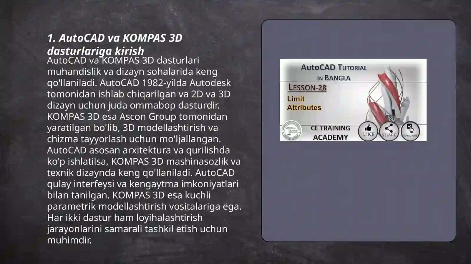 Grafik dastur (AutoCAD KOMPAS 3D) yordamida detallarda kesim va qirqimlarni amalga oshirish va ikki oʻlchamli chizmasini shakilantrish 3