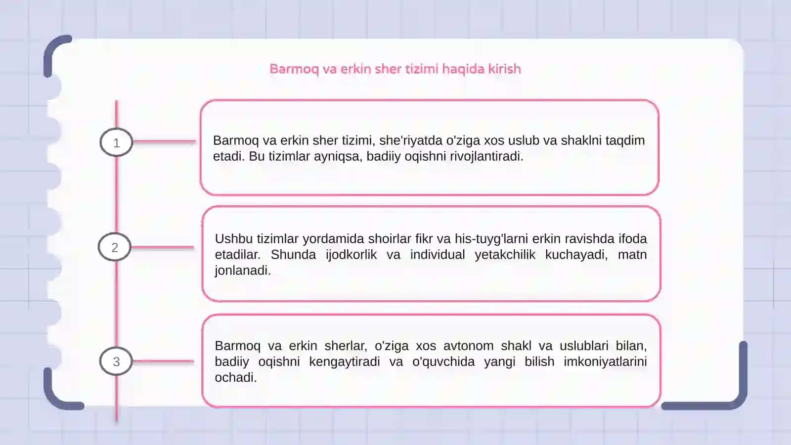 Barmoq va erkin sher tizimidagi matnlarini badiiy oqish 3
