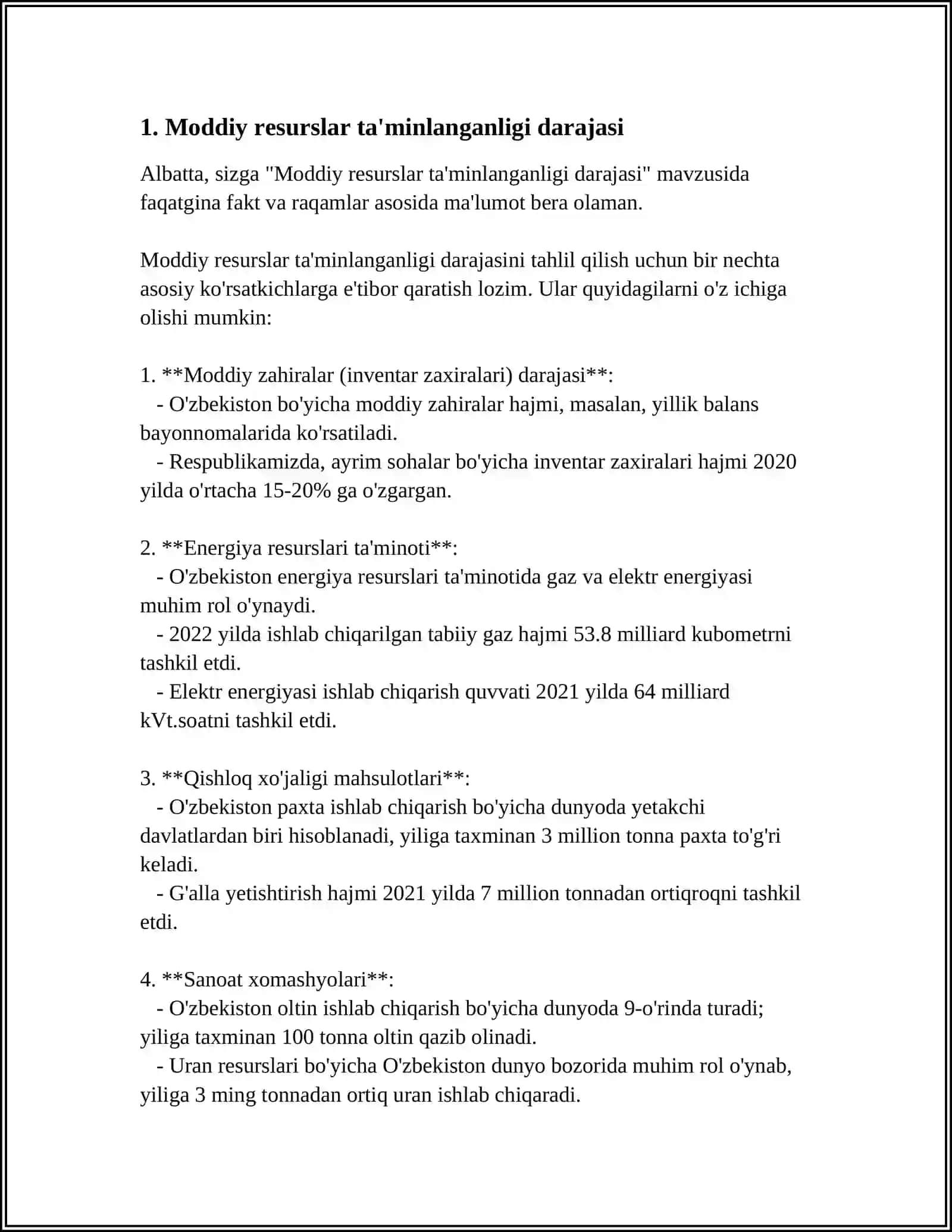 MODDIY RESURSLAR BILAN TAMINLANGANLIK VA ULARDAN FOYDALANISH SAMARADORLIGI KÕRSATKICHLAR TIZIMI 3