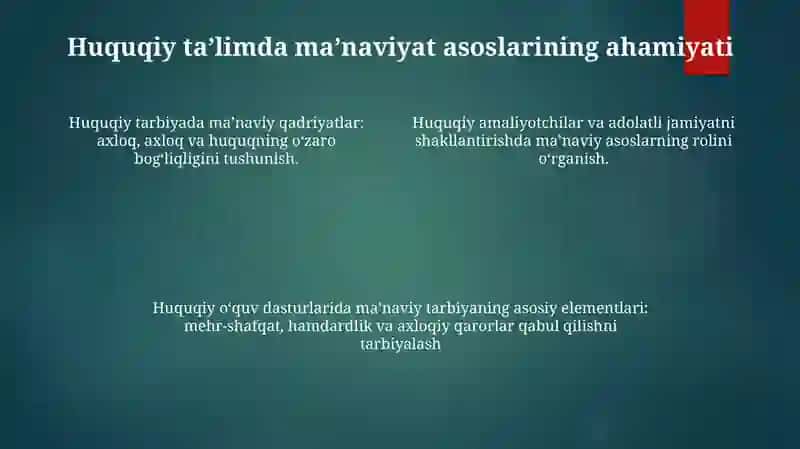 Milly GʻOya MaʼNaviyat Asoslari Va Huquq TaʼLimi Bakalavriyat TaʼLim YoʻNalishida OʻQitiladigan Milly GʻOya Va MaʼNaviyat Asoslari Turkimiga Kiruvchi Fanlar 3