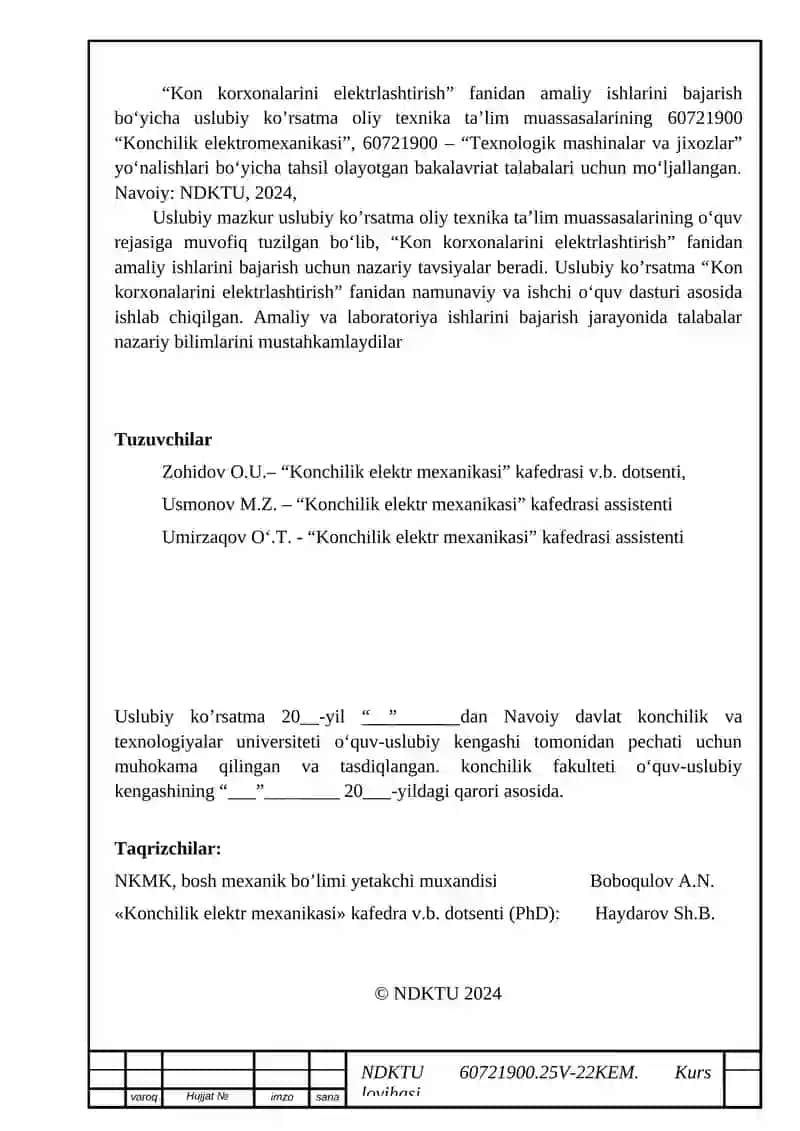Konchilik korxonalari elektr ta’minoti va elektrlashtirish kurs loyihasi 3