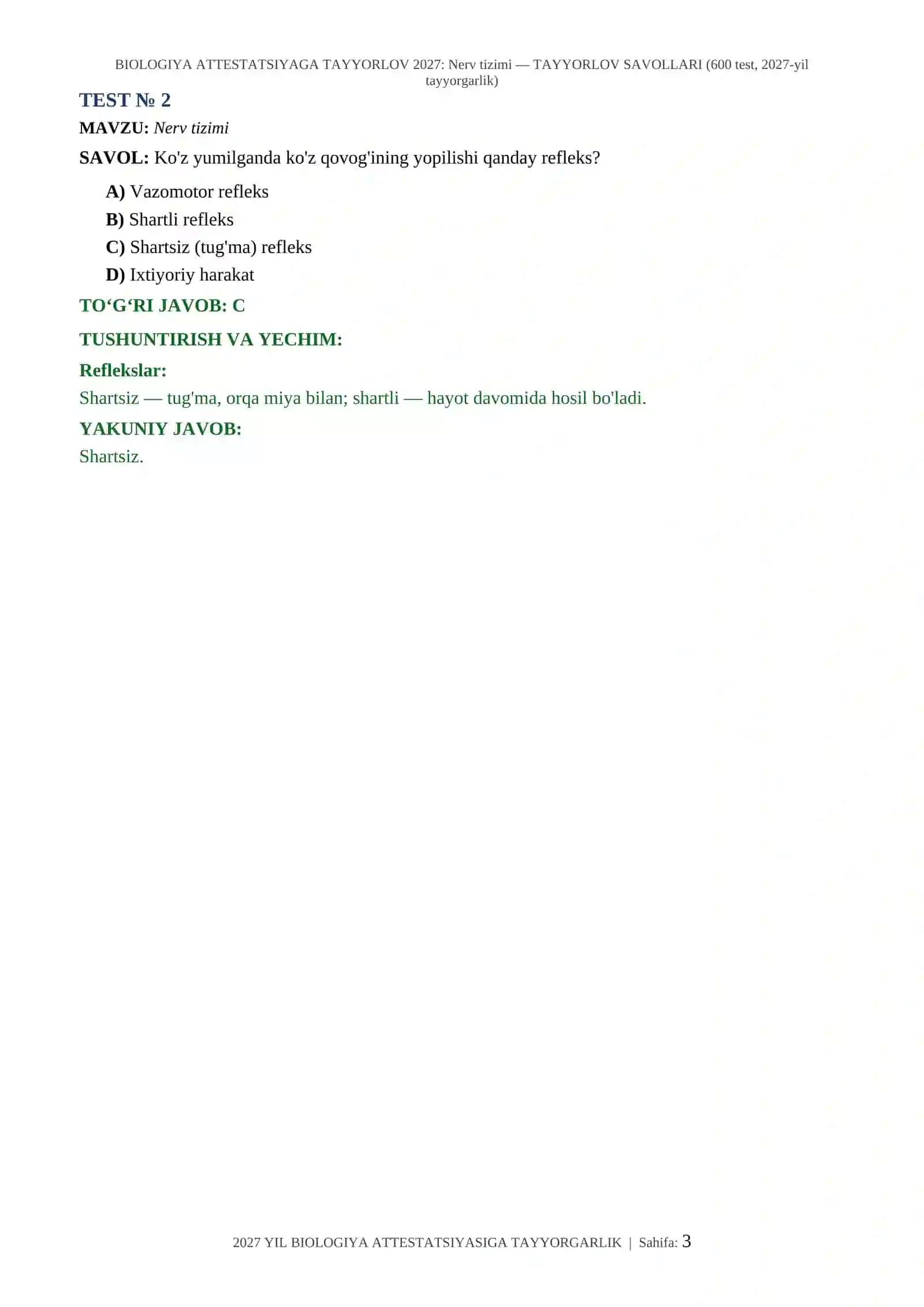 BIOLOGIYA ATTESTATSIYAGA TAYYORLOV 2027: Nerv tizimi — TAYYORLOV SAVOLLARI (600 test, 2027-yil tayyorgarlik) 3