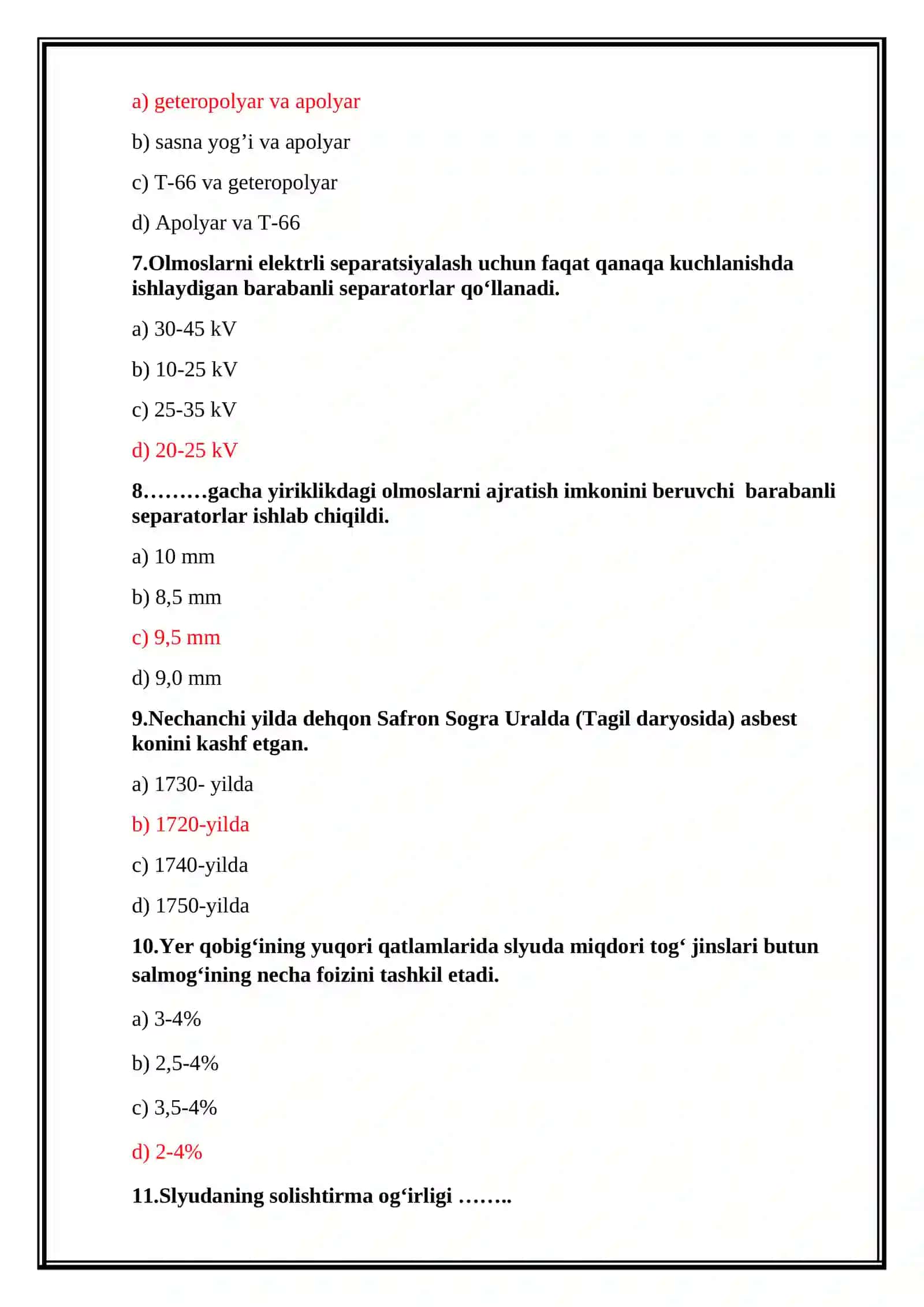 Nometall rudalarni boyitish texnologiyasi testi 3