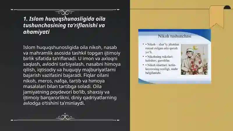 Islom huquqshunosligida oila, nikoh, taloq, idda, zihor tushunchalarini ta’riflash 3