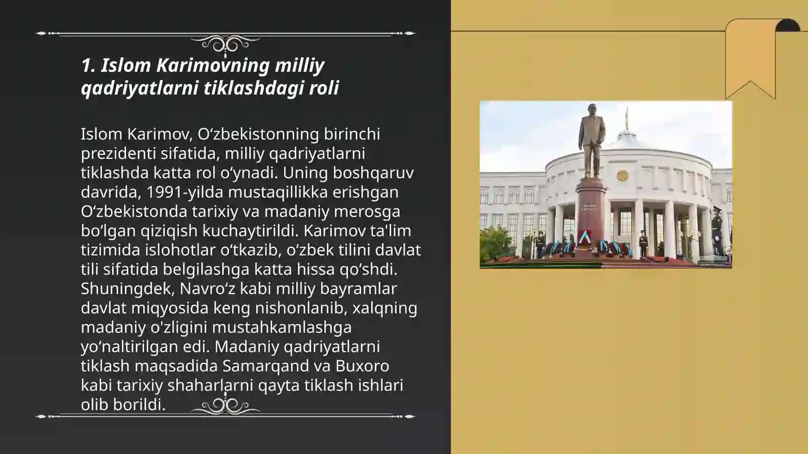 O'zbekiston Respublikasining birinchi prezidenti Islom Karimovning ajdodlar merosi va milliy qadriyatlarni tiklash borasidagi xizmati 3