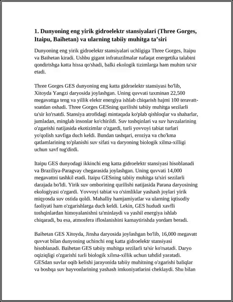 DUNYODAGI ENG KUCHLI ELEKTR STANSIYALARI VA ULARNI TABIATDA TURGAN OʻRNI 3