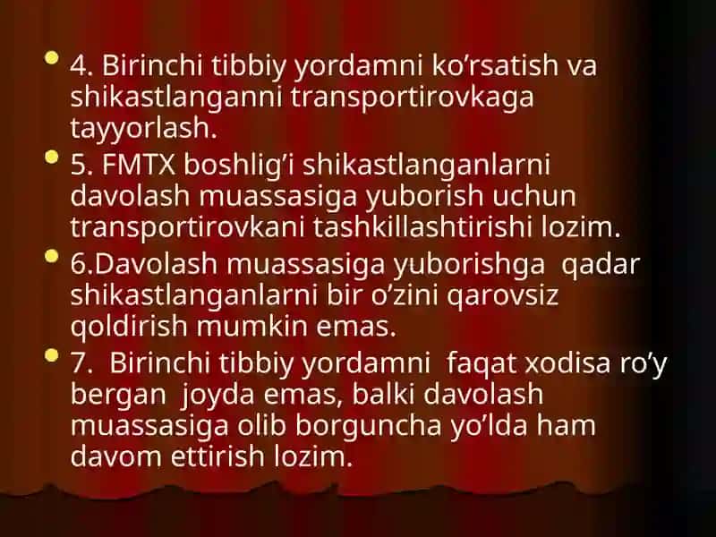 SHIKASTLANISH O’CHOG’IDA DASTLABKI UMUMIY, DASTLABKI TIBBIY YORDAMNI TASHKIL ETISH 3
